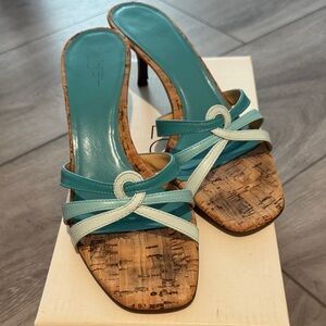 Ann Taylor Teal and Light Aqua Cork-Heel Slide Sandals